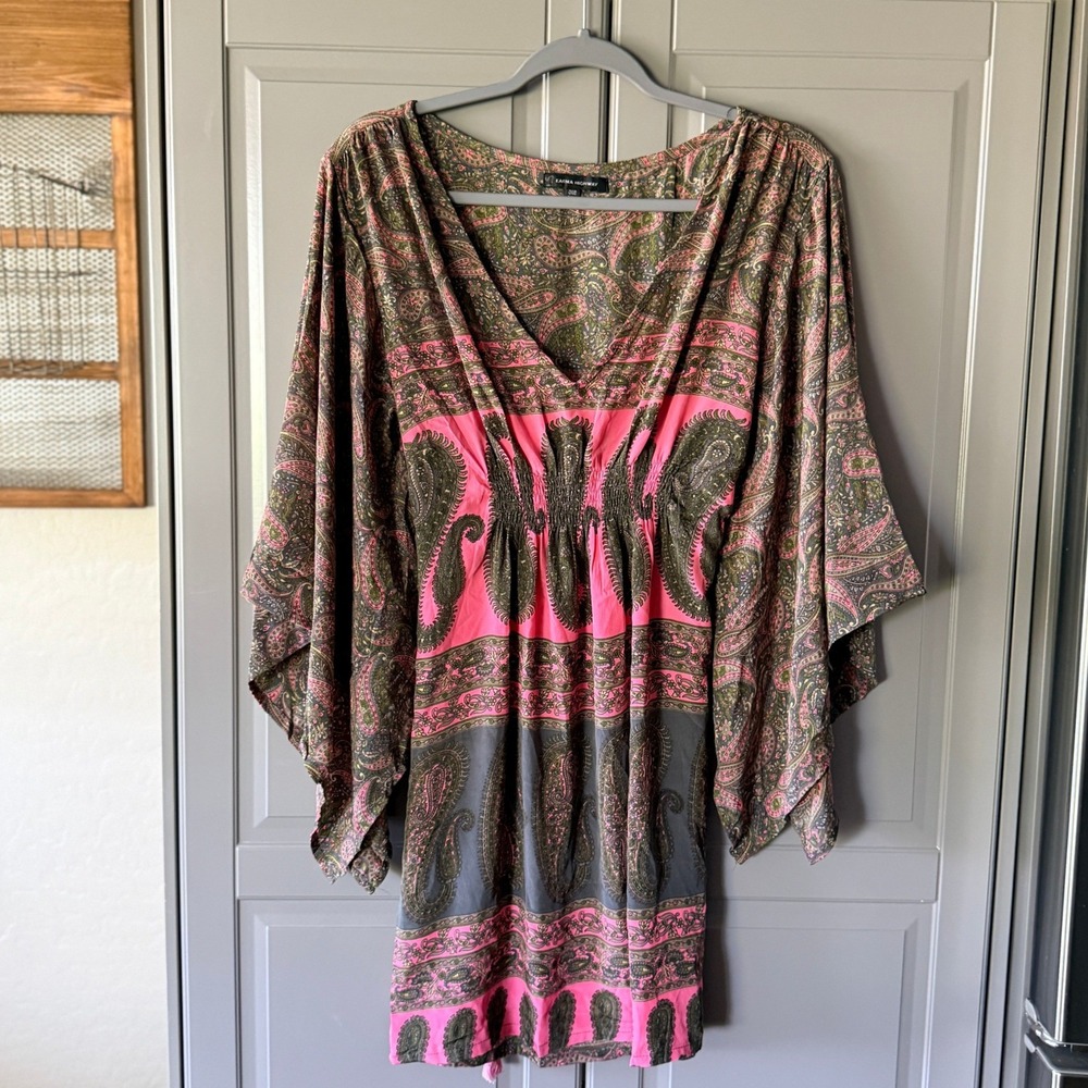 Karma Highway Womens Boho Paisley Kimono Sleeve Tunic Dress, Pink Green, OS